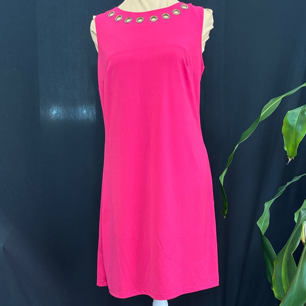 Vibrant Pink Sleeveless Dress with Gold Accents
